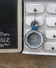 Primitive Antique Gray Graniteware Tea Strainer 1890s Blue Calico