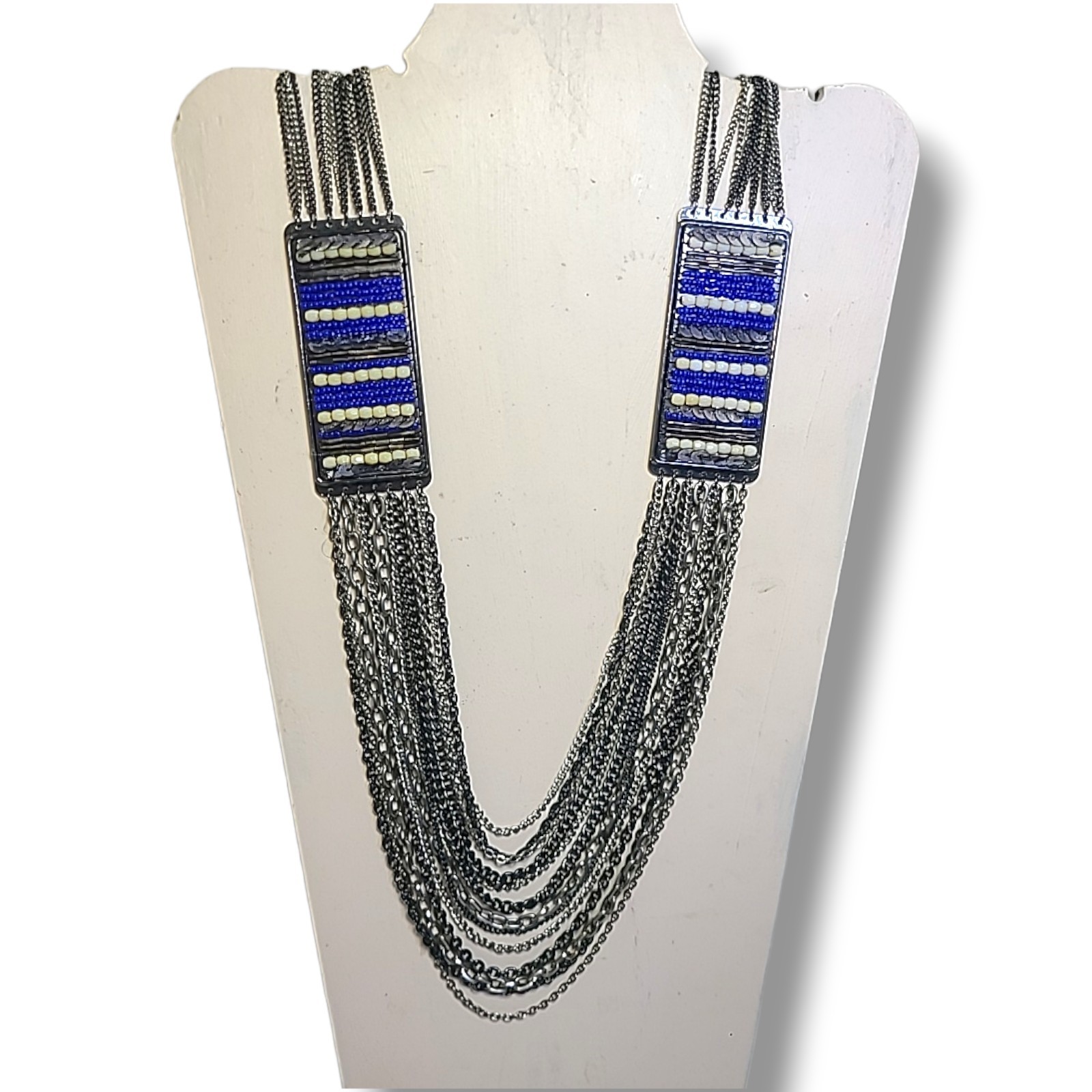 Silver Blue Beaded Multi Chain Statement Necklace… - image 1