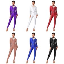 Women Costume Patchwork Jumpsuit Zipper Leotard Long Pants Bodysuit Neck Back