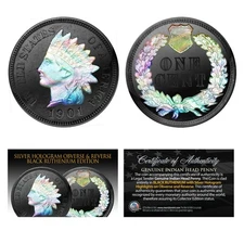 1900's Genuine INDIAN HEAD CENT PENNY Coin - BLACK RUTHENIUM & SILVER HOLOGRAM