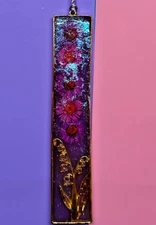 Gold Bezel Bookmark With Colorful Dried Flowers Sparkles And Lilac Tassel
