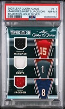 2025 Leaf Glory of the Game #T-6 Mahomes Hurts Jackson Materials GU 22/30 PSA 8