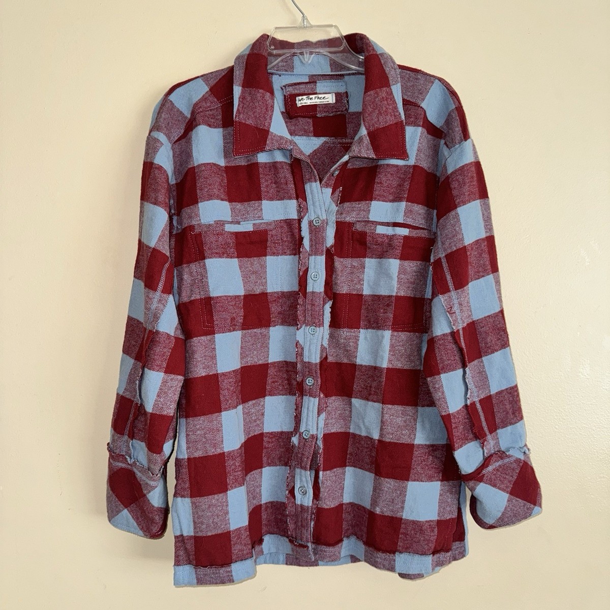We The Free People Red Blue Plaid Oversized Shacket Size XS NWOT 