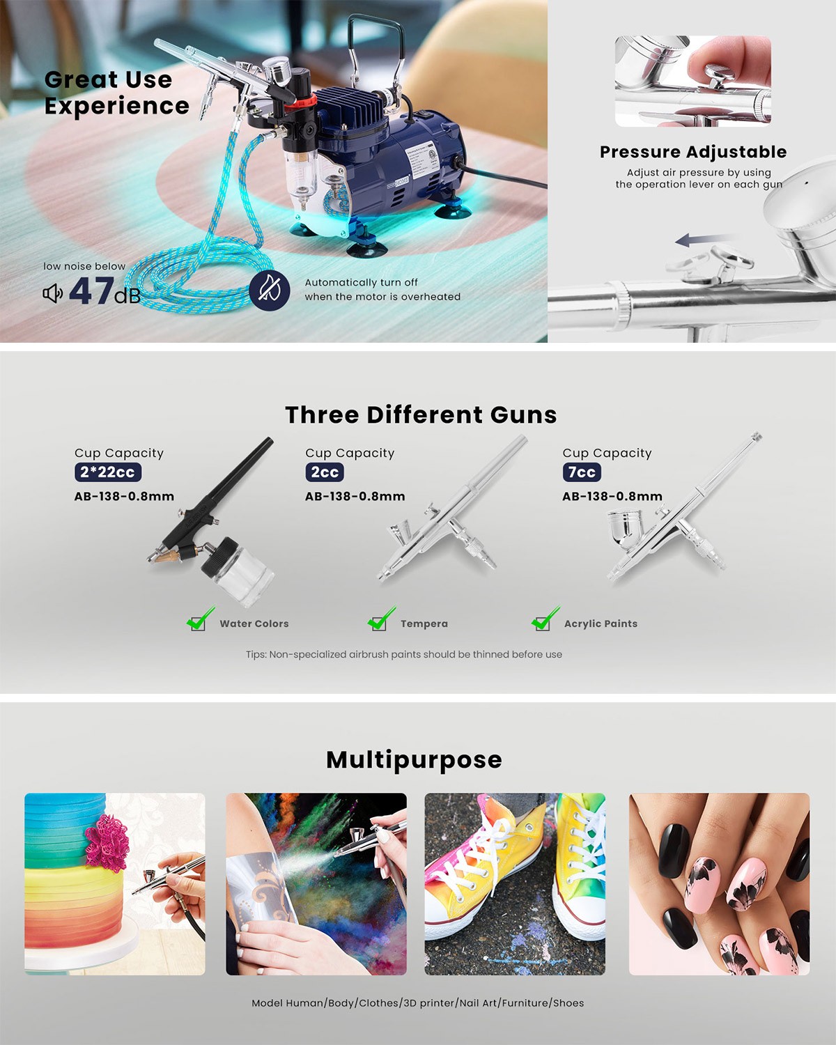 Airbrush Kit w/ Compressor 1/5HP Dual Action Air Brush Set for Tattoo Art Makeup