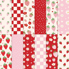 12Pcs Strawberry Cotton Fabric Bundles Red Pink Strawberry Flower Fat Quarters
