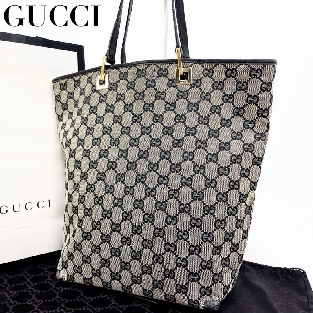 GUCCI Tote Bag GG Canvas Leather A4 Compatible Black 2a