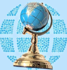 GLOBE OF GEMSTONE Desk World Globe 4.5" High TURQUOISE Gold Tone Table Stand NEW