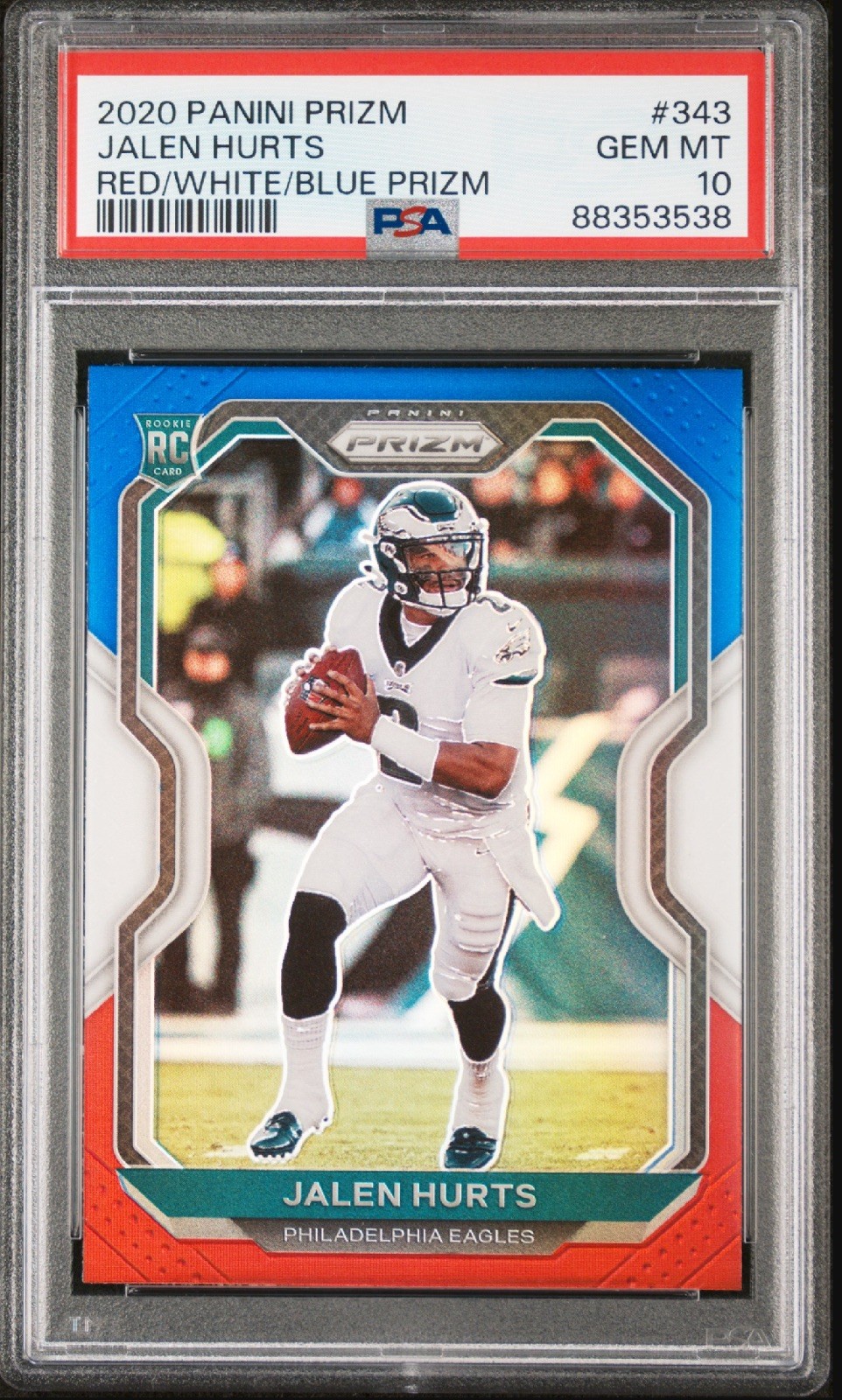 2020 Panini Prizm Football Jalen Hurts Rookie Red/White/Blue Prizm #343 PSA 10