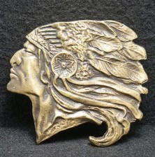 WG05141 NOS VINTAGE 1970s INDIAN CHIEF w/ FULL HEADDRESS NATIVE BELT BUCKLE