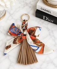 Tassel Bag Charm Keychain With Scarf Bow Faux Leather Brown Orange New