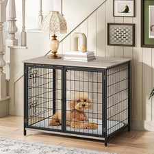 Dog Crate Furniture with Cushion, Wooden Dog Kennel with Double Doors, Heavy Dut