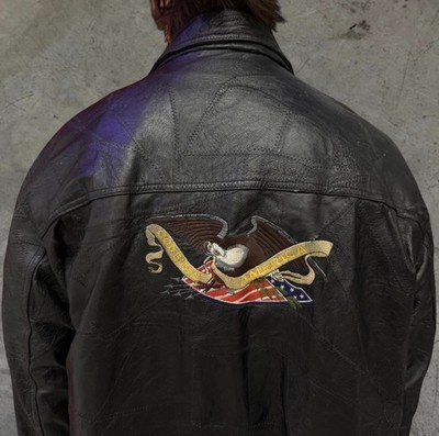 Vintage Mens Black Patchwork Leather Bomber Jacket God Bless America Eagle Large