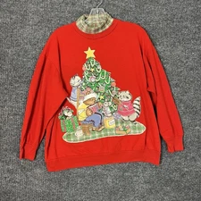 Vintage Nut Cracker Womens Sweatshirt Red Christmas Cat Racoon Size Large USA