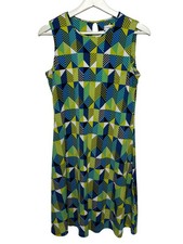 Calvin Klein Dress Womens 4 Sleeveless Flare Blue Yellow Geometric Print Work
