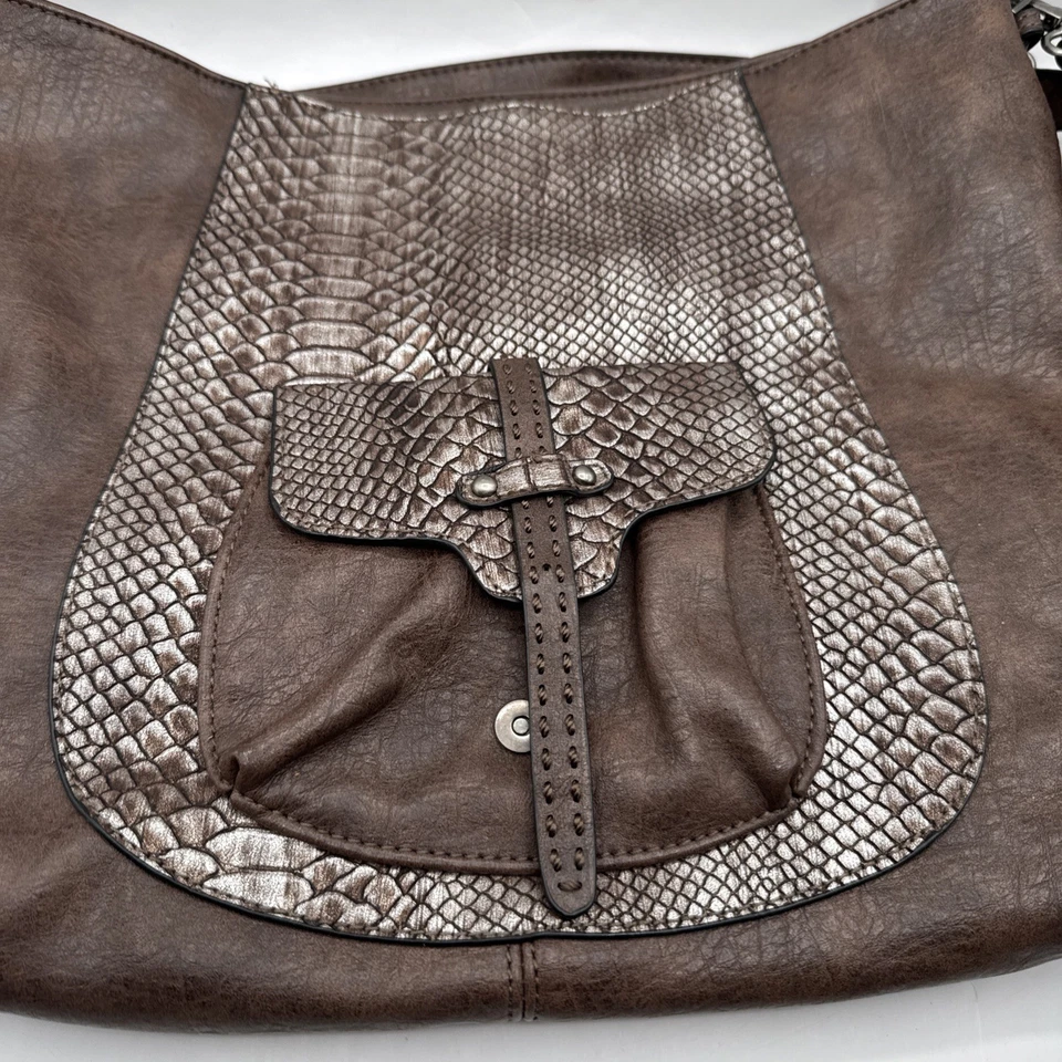 Francinel Leather Brown & Pewter Snakeskin Large Hobo Boho Crossbody Bag Purse - Image 2 of 4