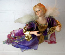 LARGE VINTAGE BISQUE CHRISTMAS ANGEL ORNAMENT PURPLE GOWN 12" REAL FEATHER WINGd