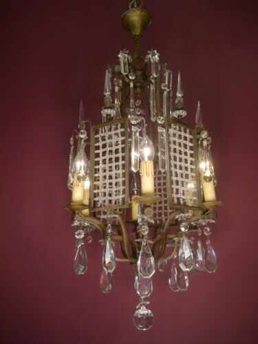 CHANDELIER BRONZE CRYSTAL GLASS RARE SHAPE CEILING LIVING ROOM  ITALY 6 LIGHT - Picture 1 of 9