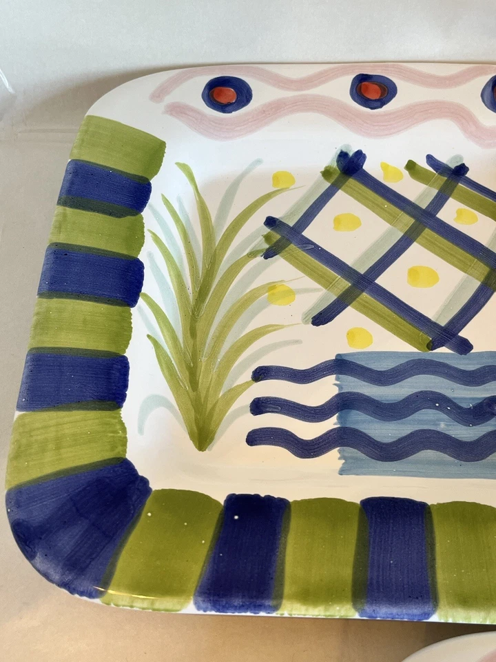 Platos de almuerzo La Primula Made it Italy garabatos puntos verde azul borde planta Foto 3 de 4