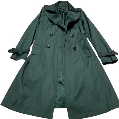 Ellen Tracy Women's S Green Double-Breasted Mid-Length Belted Trench Rain Jacket