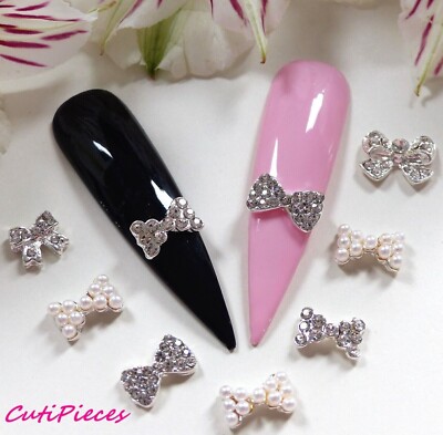5 Stile 3D Nail Art Silber Perle funkelnd * Strass Schleifen * Schleife gebunden Legierung Metall