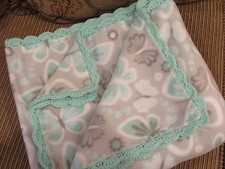 Butterflies in Turquoise, Gray  White Fleece Throw Blanket - Crochet Edge
