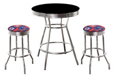 MLB Black and Chrome 3PC Bar Table Set w/Team Fabric Covered Swivel Seat Cushion