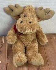 Pier 1 Light Brown Stuffed Moose 11" Plush Red Ribbon Neck Bow