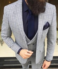 Designer Business Grey Blue White Suit Fitted Jacket Trousers Waistcoat Slim