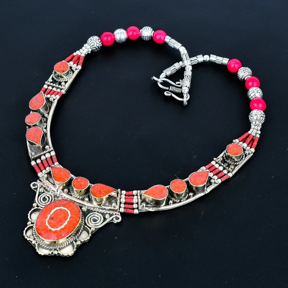 Corallo Rosso 925 Argento Sterling Tibetano Collana Gioielli Per Mamma Regali - Immagine 3 di 4
