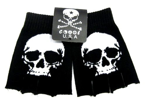 MEN WOMEN KIDS BLACK WHITE LARGE SKULL KNIT FINGERLESS GLOVES WINTER GLOVES-NEW!