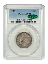 1849 25C PCGS/CAC AU53 - Liberty Seated Quarter