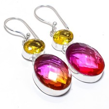 Bi-Color Tourmaline, Citrine Gemstone Handmade Jewelry Earring 2.1"