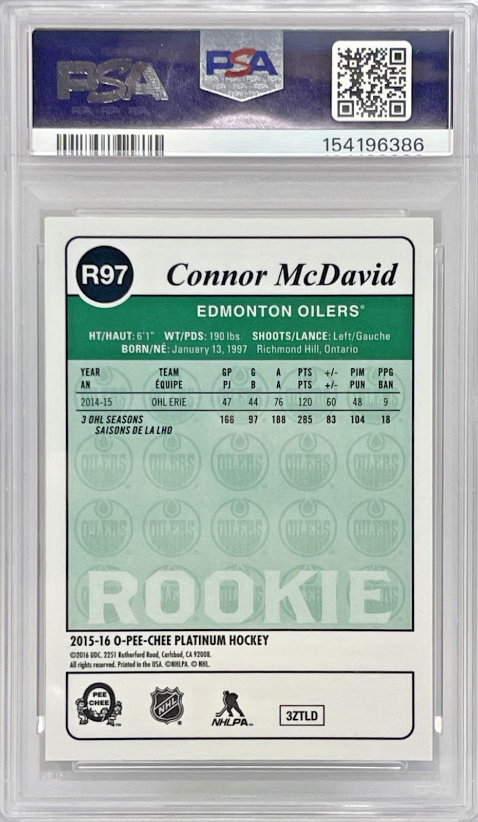 2015 OPC Platinum CONNOR MCDAVID #R97 Retro PSA 9 view 2