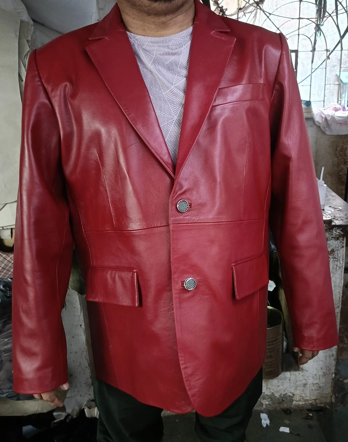 BASIC New Men's Dark Red Leather Blazer Soft Lambskin Stylish Slim FitCoatBlazer