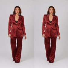 Red Silk Satin Women Suits Formal Dinner Party Prom Wedding Wear Ladies Outfits