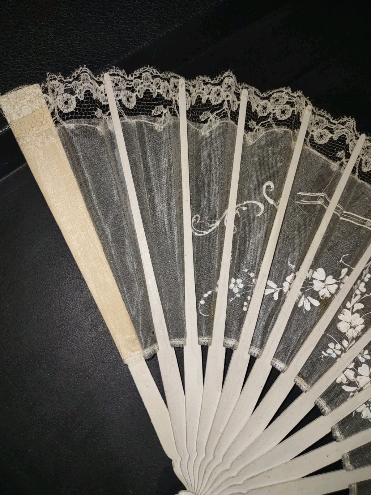 Vintage Victorian French Silk & Lace Wood Fan- Silver Inlay Accents- Handmade