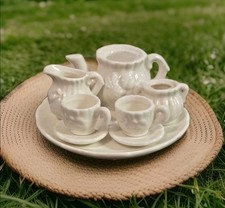 Vintage Porcelain White Fruit Embossed Miniature Tea Set With Serving Plate