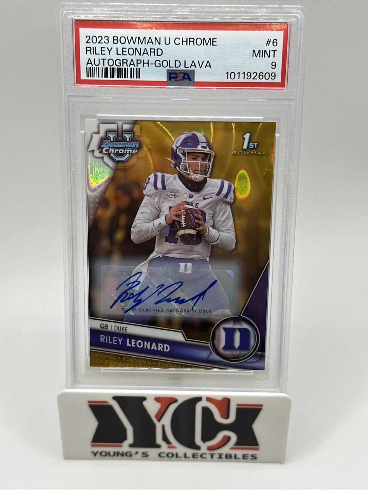 2023 Bowman Chrome U RILEY LEONARD 1st Gold Lava Refractor Autograph 06/50 PSA 9