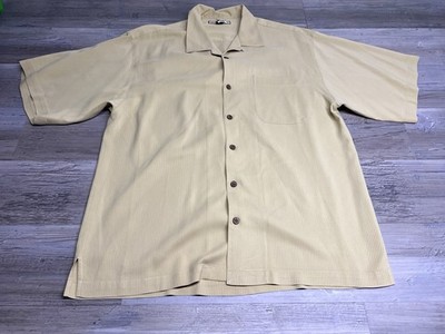 Tommy Bahama Striped Yellow Shirt Size L Button Up Short Sleeve Silk Loop Collar