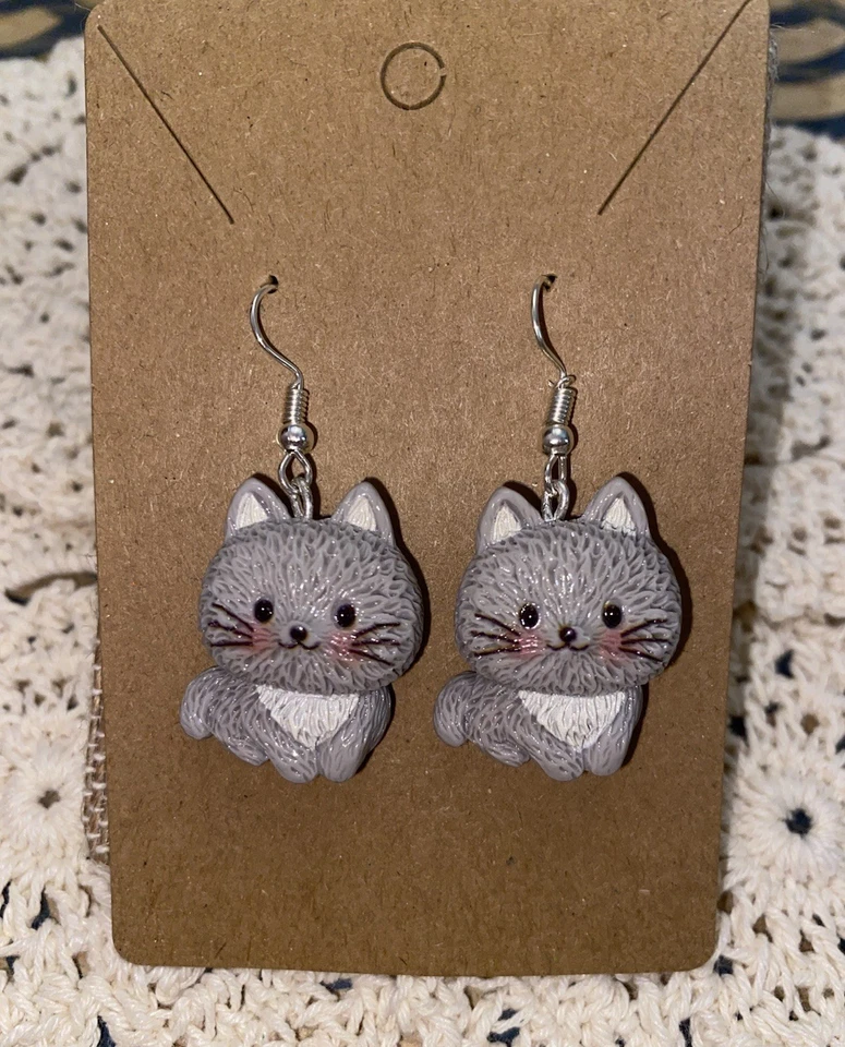 Hand Assembled Gray Cat Dangle Earrings Cute Kitten Charm Earrings - Image 1 of 1