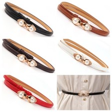 Women Skinny Beads Buckle Faux Leather Belt Dress Corset Adjustable Waistband