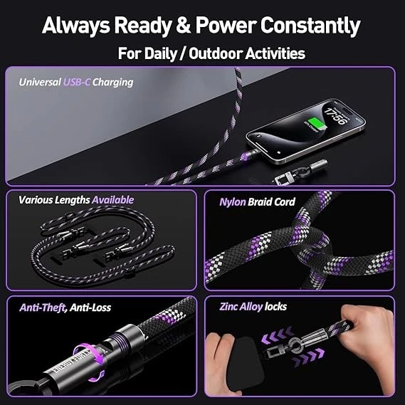 USA Phone Lanyard Crossbody Built in USB-C Fast Charging Cable with 2 Phone Tabs - Image 4 of 4