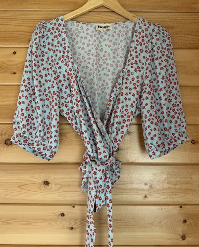Rouje Edda Top In Mini Bucolique Blue Floral Print Wrap Blouse Tie Waist Size 10