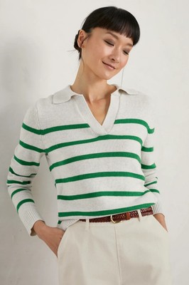 BNWT Seasalt Barbizan Green Ecru Striped Cotton Collared Jumper Size 10