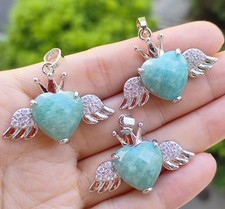3pcs Amazonite Pendants Faceted Gems Angel Wings Heart Love Luck Amulet