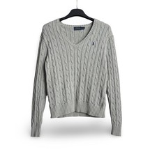 Polo Ralph Lauren Cable Knit V-Neck Preppy Sweater Gray Size L Womens