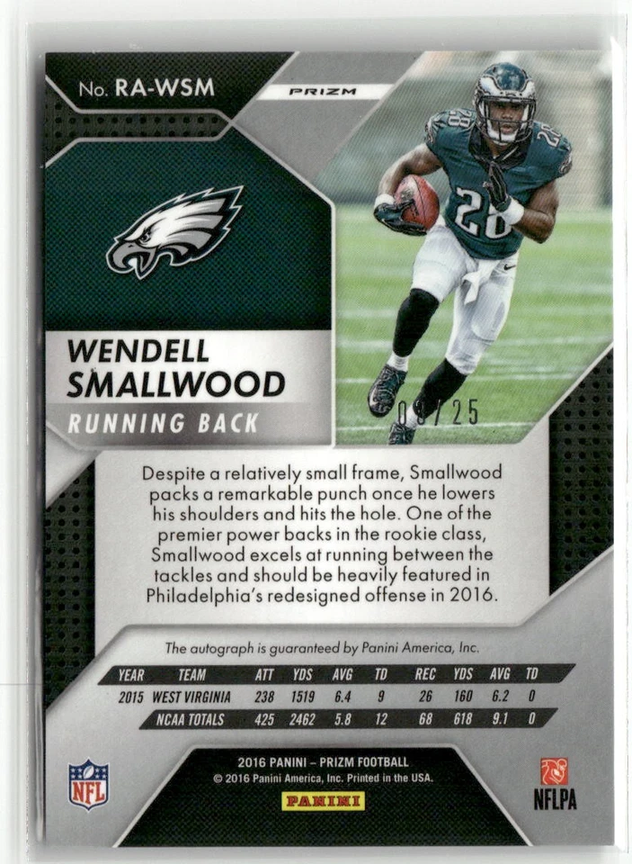2016 Prizm #RA-WSM Wendell Smallwood Rookie Autograph Camo /25 RC Auto - Image 2 of 2