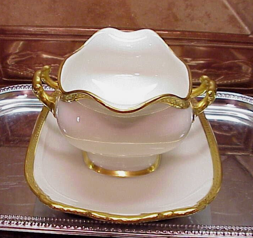 Vintage Limoges Vignaud Gravy Boat Underplate Gold Leaf Band Handles France - 第 2/10 張圖片