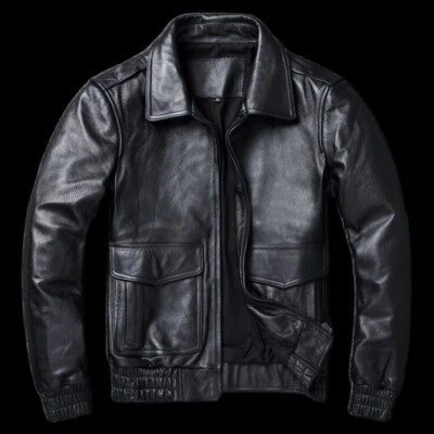 Black Retro Motorcycle Flight Bomber Jacket Genuine Cowhide Leather Jacket