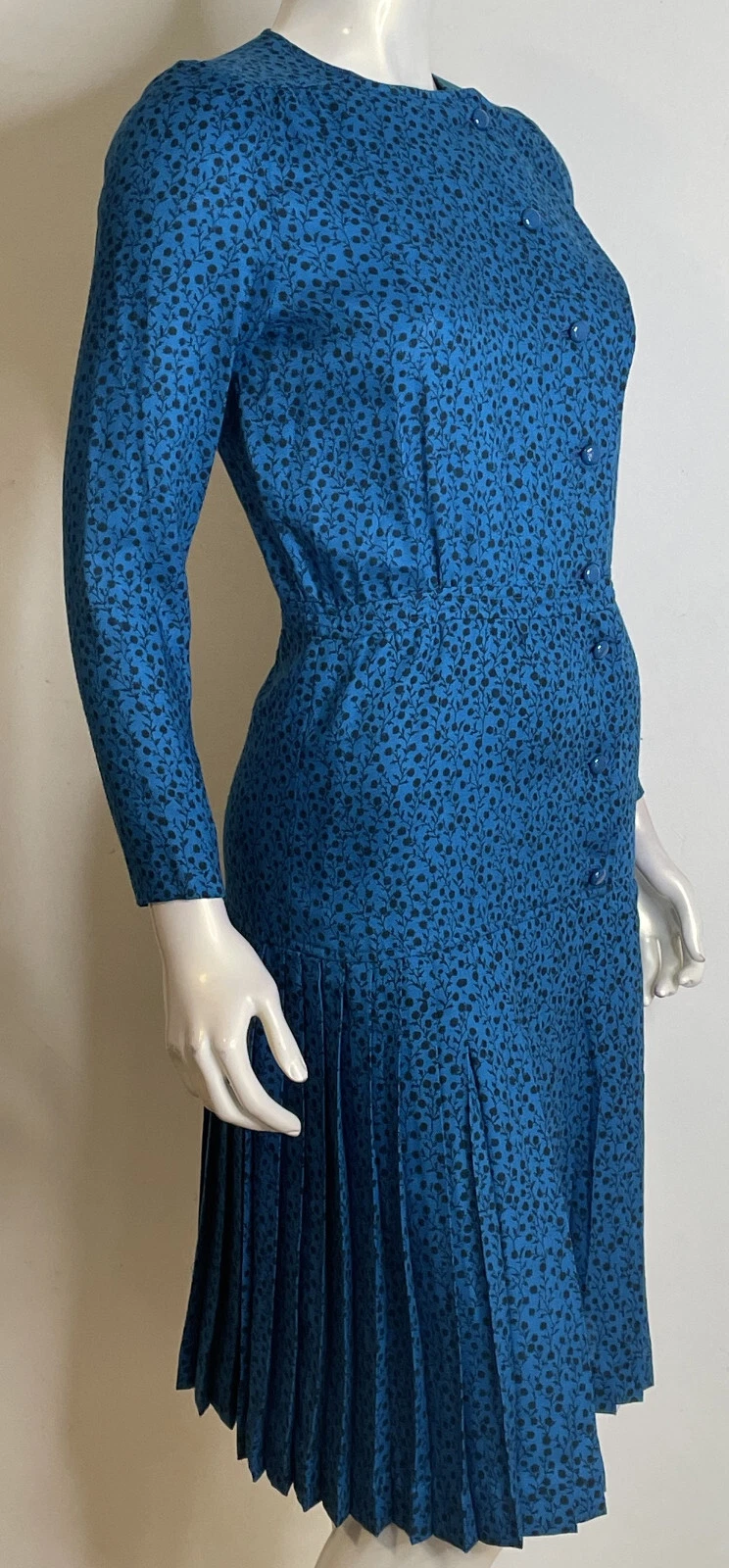 Abito Vintage Valentino Boutique Blu Floreale Lana 10 Gonna Pieghettata LS Bottone Fnt